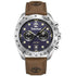 Timberland Carrigan TDWGF2230503 quartz chronograph watch with blue dial, stainless steel case, tachymeter bezel, and brown leather strap