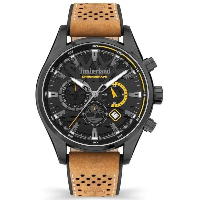 Timberland Aldridge Chronograph TDWGC2102401 mens watch with black dial, brown perforated leather strap, and 46mm black coated stainless steel case